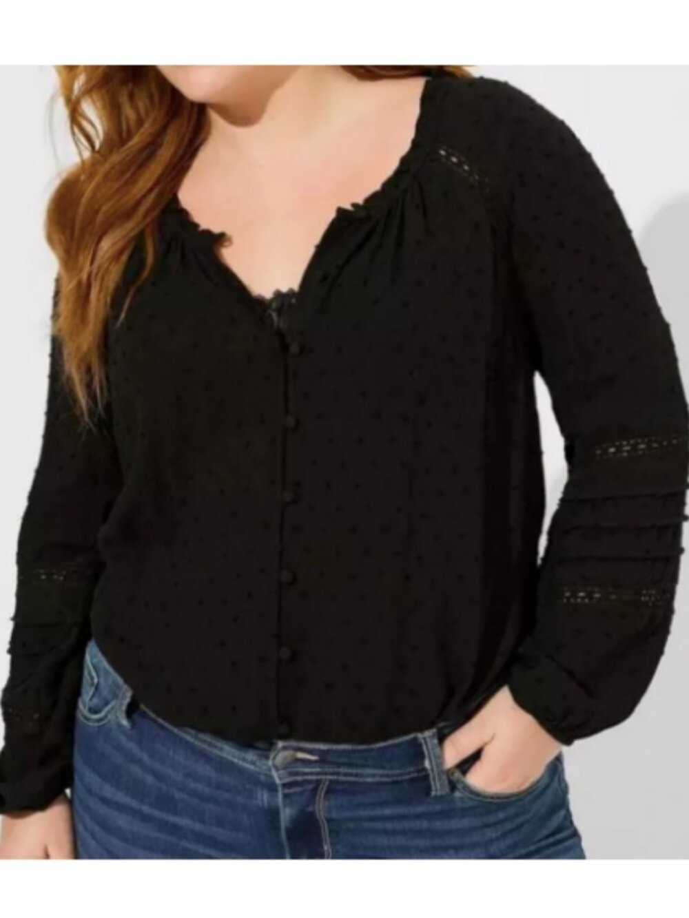 TORRID Gauze Lace Inset Top Black 3 3X NWT Peasant Blouse Long Sleeve Boho Rayon